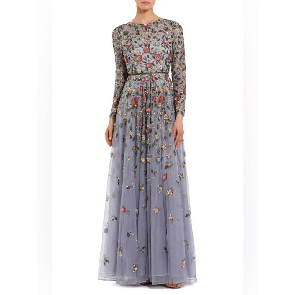 Embellished High Neck Long Sleeve A Line Gown